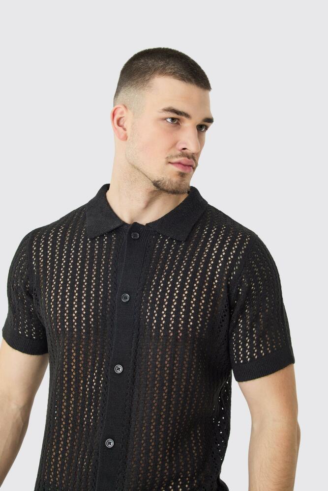 boohoo Mens Tall Open Stitch Short Sleeve Knitted Shirt In Black Cover