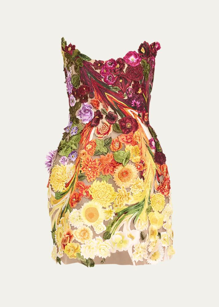 Oscar de la Renta Strapless Floral Embroidered Mini Dress Cover