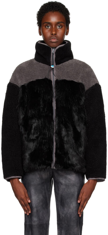 OPEN YY Black & Gray Paneled Zip-Up Faux-Fur Sweater Cover