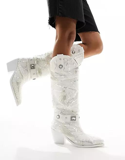 Azalea Wang Echoed embellished western boot in white Cover