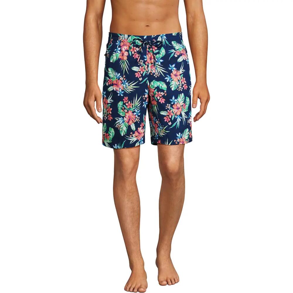 Lands' End 9" Volley Swim Trunks in Deep Sea Navy/rosella Floral Cover