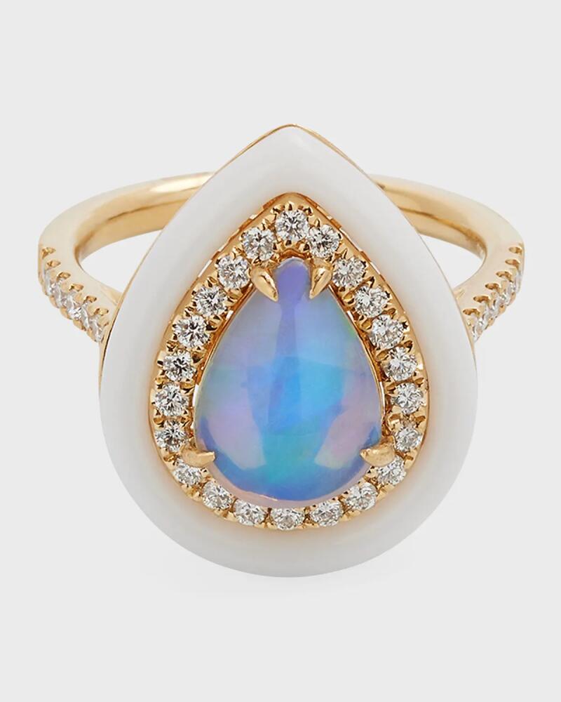 David Kord 18K Yellow Gold Ring with Pear-Shape Opal, Diamonds and White Frame, 1.43tcw, Size 7 Cover