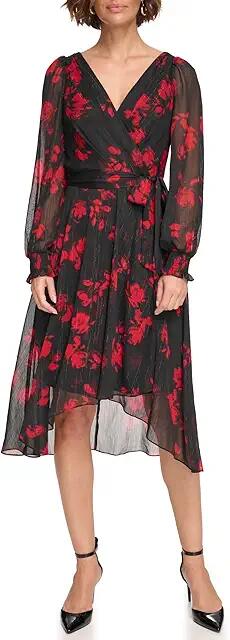 DKNY Long Balloon Sleeve with Wrap Skirt (Black/Scarlet) Women's Clothing Cover