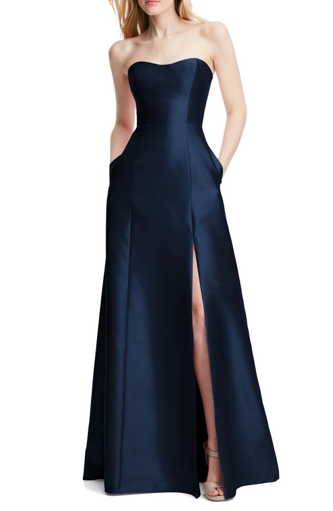 Alfred Sung Strapless Satin A-Line Gown in Midnight Cover