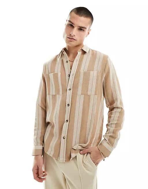 ASOS DESIGN overshirt in basketweave stripe-Neutral Cover