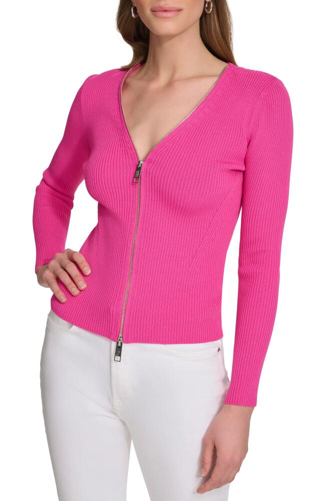 DKNY Rib Zip Front Sweater in Shocking Pink Cover