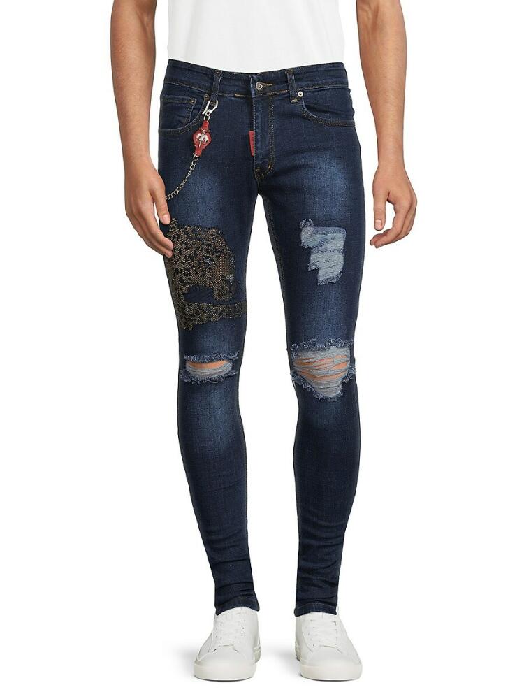 Elie Balleh Men's Leopard Patch Distressed Jeans - Dark Blue Cover