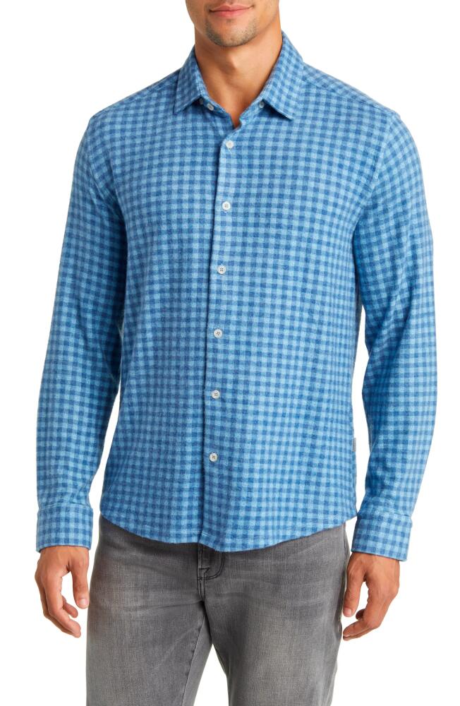 Stone Rose Gingham Check Wrinkle Resistant Tech Fleece Button-Up Shirt in Blue Cover