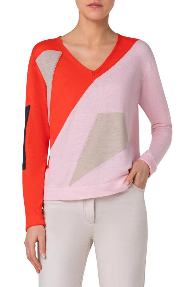 Akris Spectra Linen & Cotton Intarsia V-Neck Sweater in Poppy-Multicolor Cover