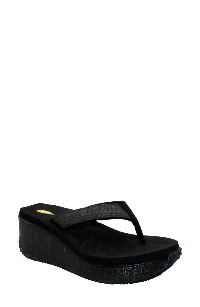 Volatile Bahama Platform Wedge Flip Flop in Black Woven Cover