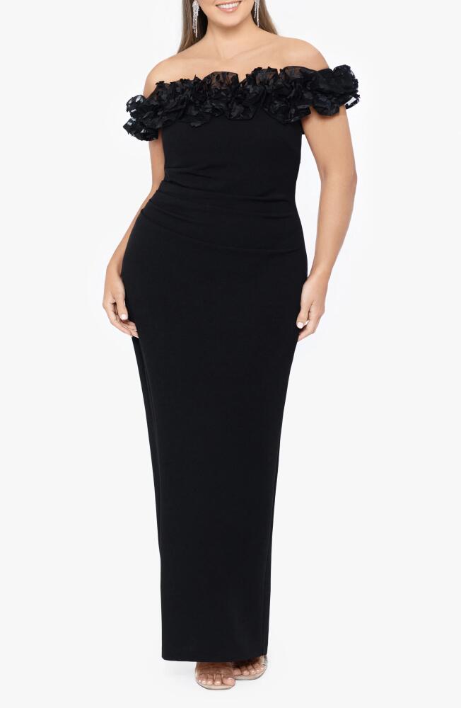 Xscape Evenings Ruffle Off the Shoulder Crepe Gown in Black Cover