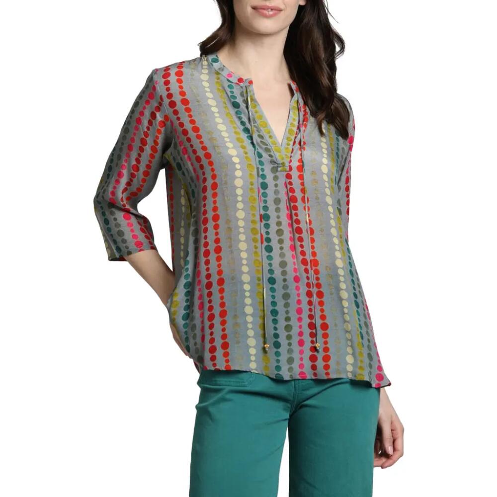 APNY Print Tassel Split Neck Chiffon Top in Grey Multi Cover