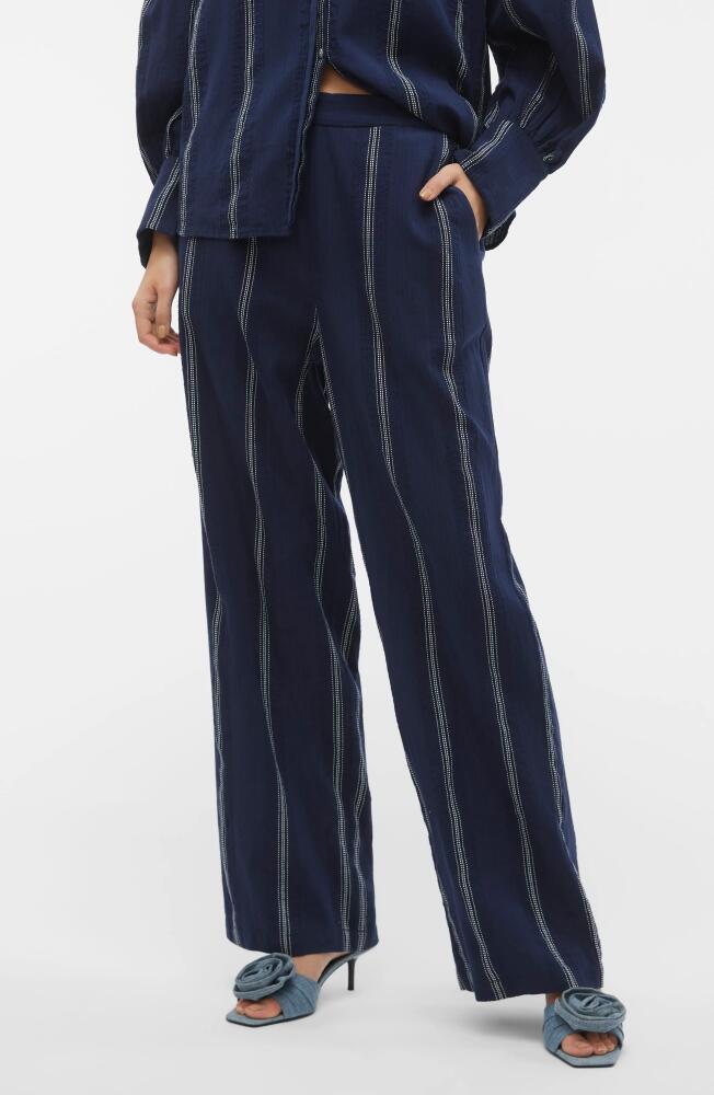 VERO MODA Embroidered Stripe Cotton Wide Leg Pants in Navy Blazer/Birch Cover