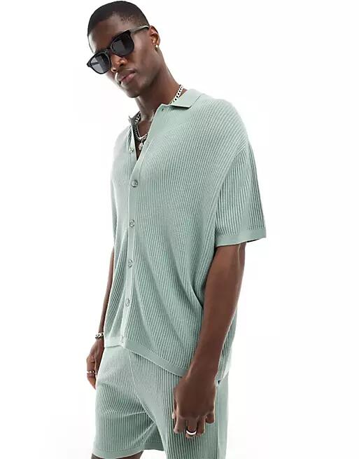 ASOS DESIGN knitted button through polo in green twisted rib - part of a set Cover