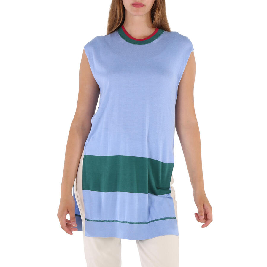 Burberry Stripe Detail Silk Cashmere Longline Tank Top In Pale Blue Cover