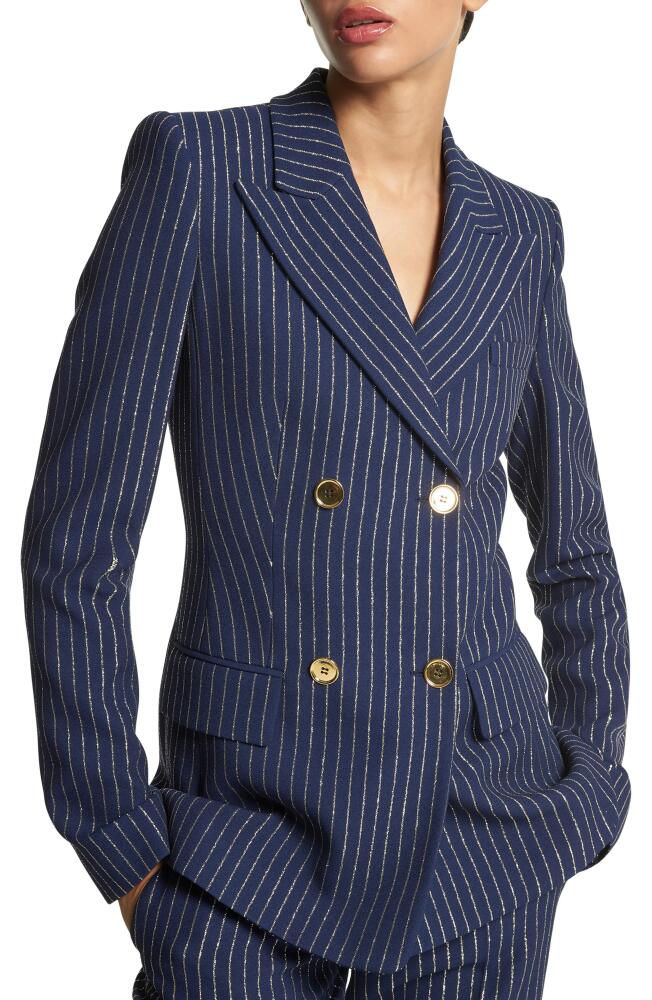 Michael Kors Collection Metallic Pinstripe Double Breasted Crepe Blazer in Navy/gold Metallic Cover