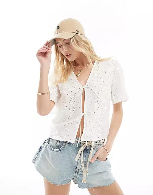 Only eyelet detail tie front blouse in white Cover