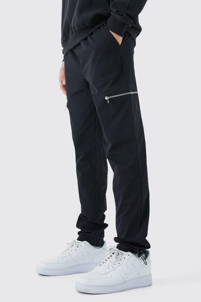 Mens Elasticated Waist Slim Technical Stretch Cargo Pants - Black Cover