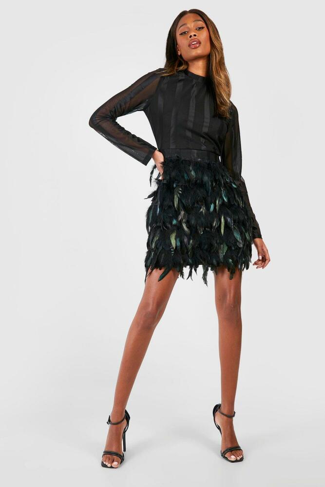 boohoo Womens High Neck Feather Skirt Mini Party Dress - Black Cover