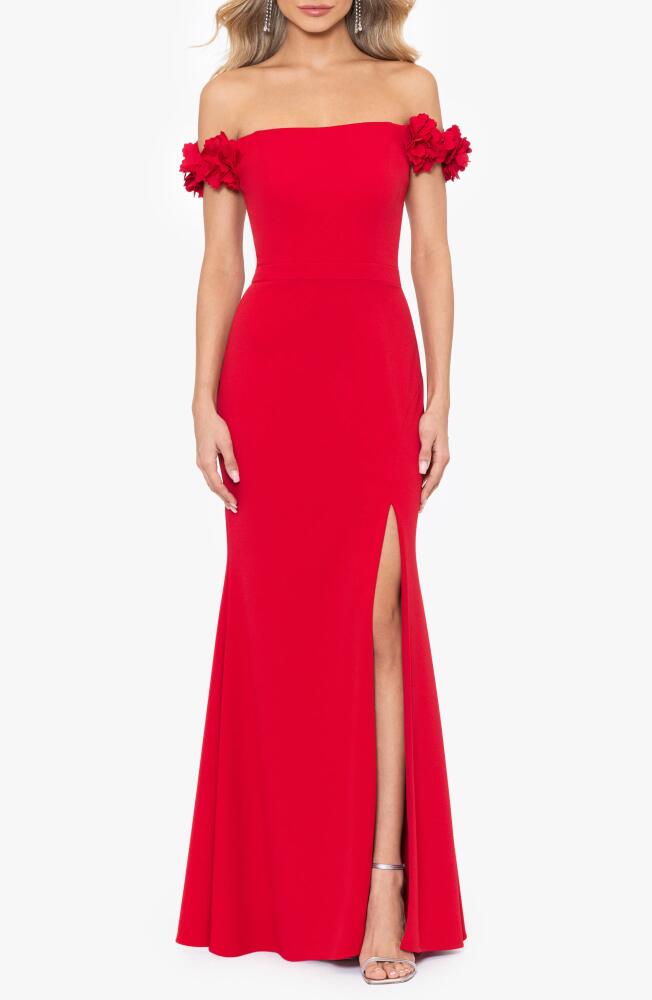 Xscape Evenings Flower Off the Shoulder Scuba Crepe Gown in Red Cover