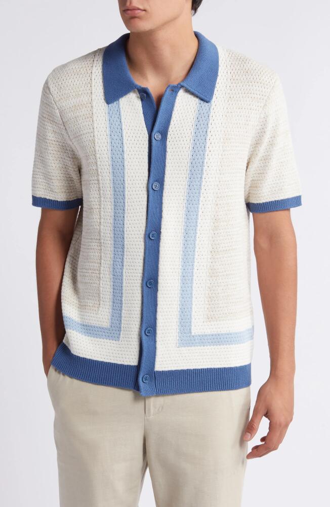 Wax London Tellaro Pointelle Knit Button-Up Shirt in Blue /Ecru Cover