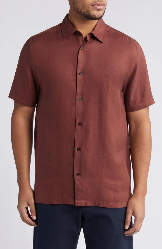 Ted Baker London Regular Fit Solid Short Sleeve Button-Up Shirt in Dark Brown Cover