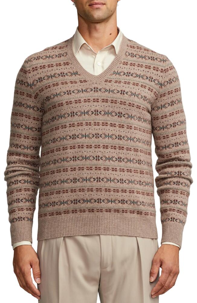 Ralph Lauren Purple Label Fair Isle Cashmere V-Neck Sweater in Taupe Multi Cover