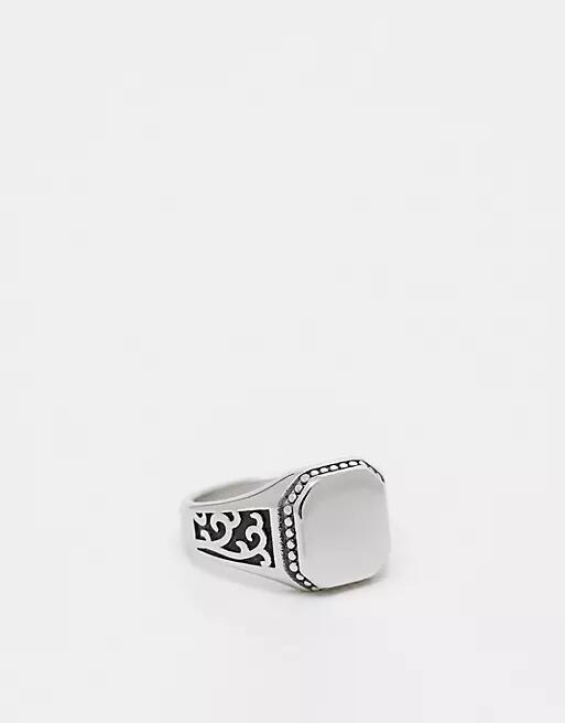 ASOS DESIGN waterproof stainless steel signet ring with embossing in silver tone Cover