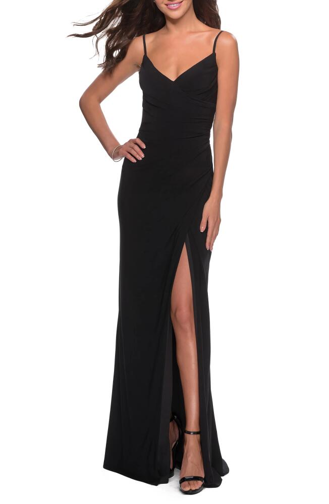 La Femme Ruched Jersey Trumpet Gown in Black Cover