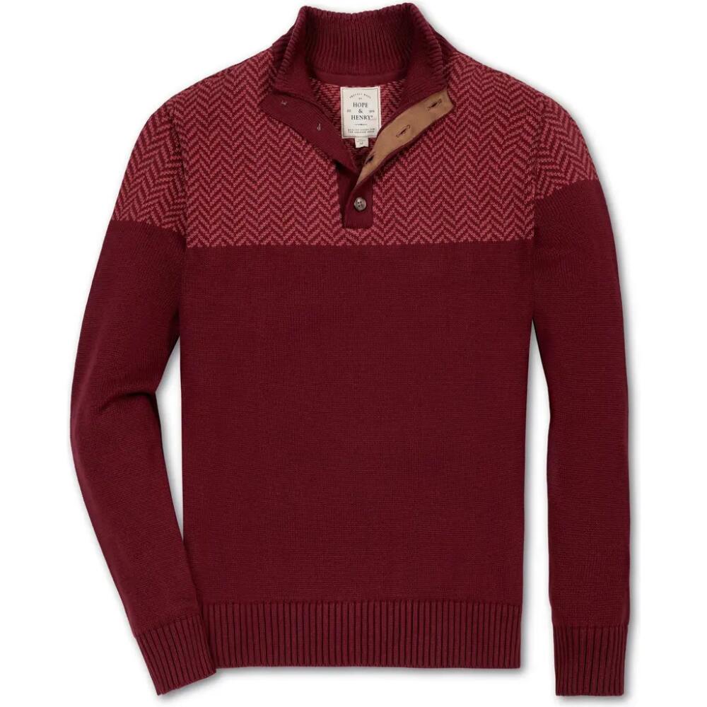 Hope & Henry Men's Organic Mock Neck Button Sweater in Oxblood Herringbone Cover