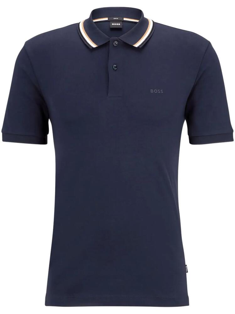 BOSS logo-print striped-trim cotton polo shirt - Blue Cover