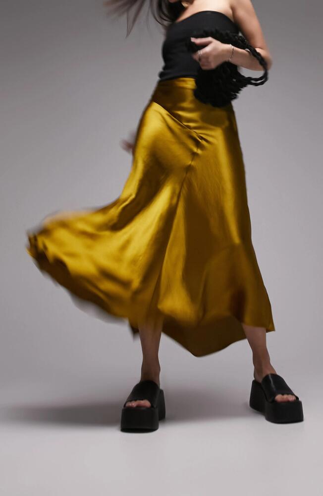 Topshop Fishtail Satin Midi Skirt in Yellow Cover