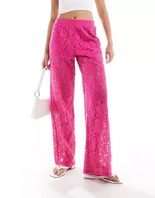 JDY wide leg cut lace pants in pink Cover