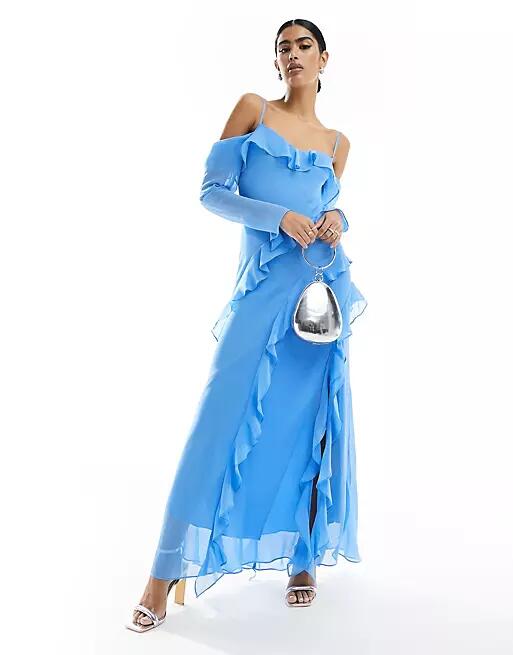 Ever New long sleeve sheer ruffle maxi dress in blue Cover