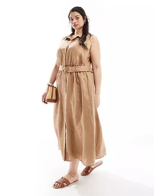 Ever New Curve sleeveless belted linen shirt dress in brown Cover