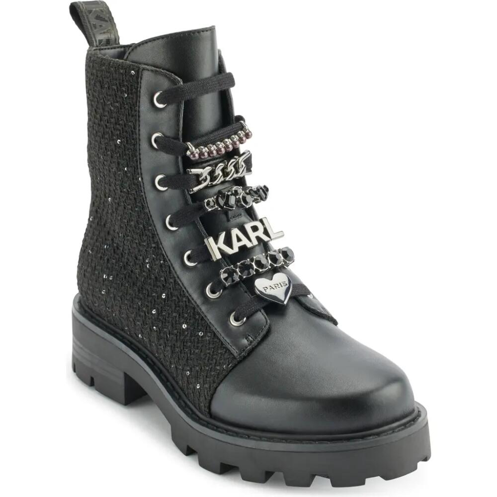 KARL LAGERFELD PARIS Mela Combat Boot in Black/Silver Cover