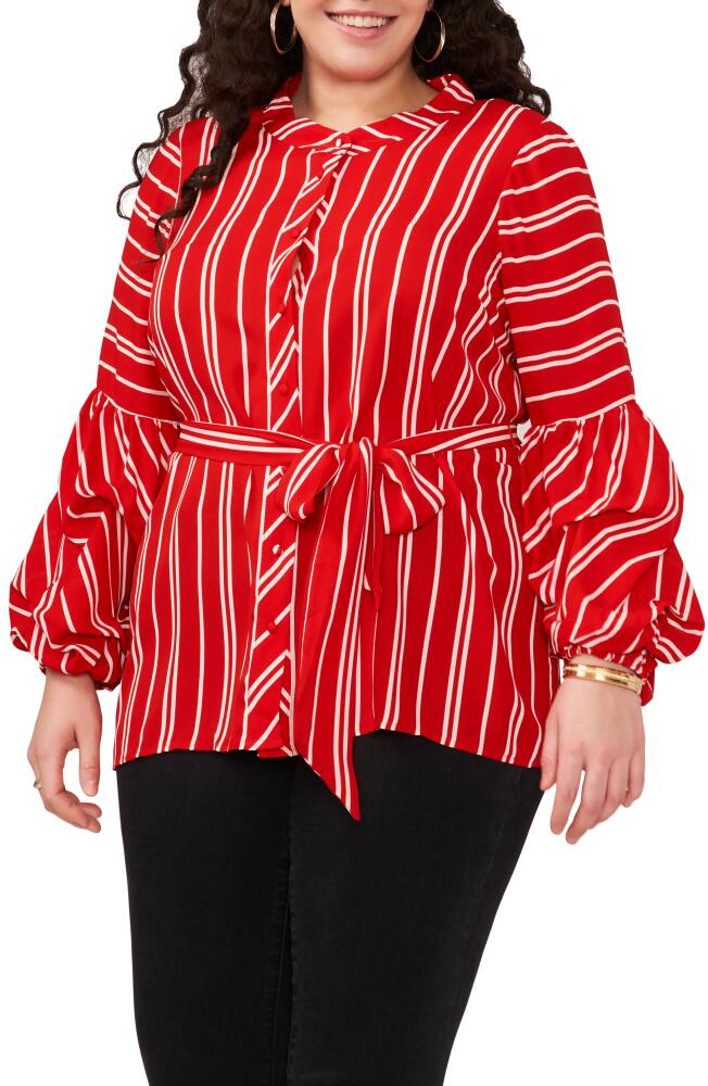 Vince Camuto Stripe Balloon Sleeve Button-Up Top in Red Cover