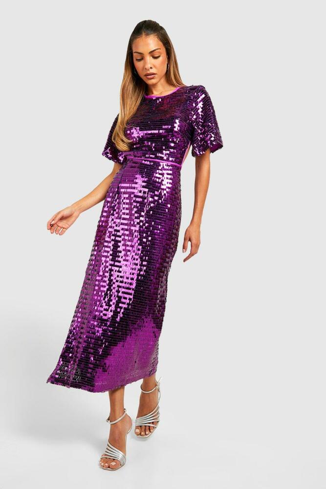 boohoo Womens Sequin Angel Sleeve Cut Out Midi Party Dress - Purple Cover