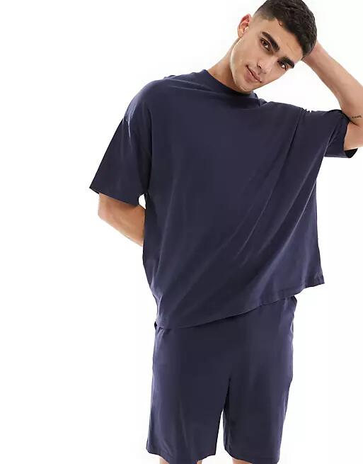 ASOS DESIGN pajama set with oversized t-shirt and shorts in jersey in blue-Navy Cover