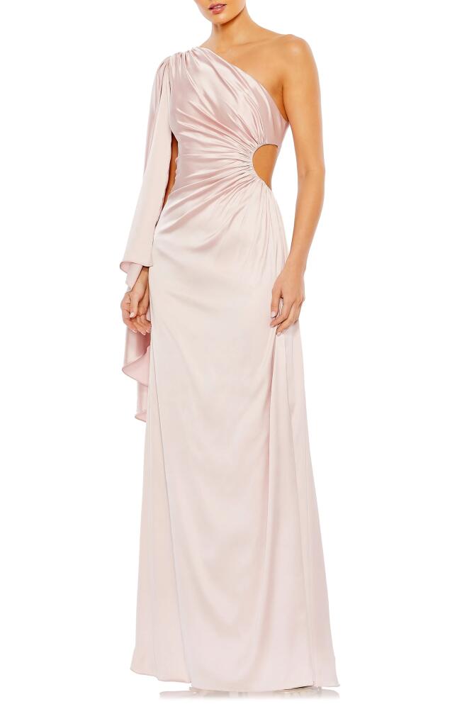 Ieena for Mac Duggal Drape Sleeve One-Shoulder Satin A-Line Gown in Ballet Pink Cover