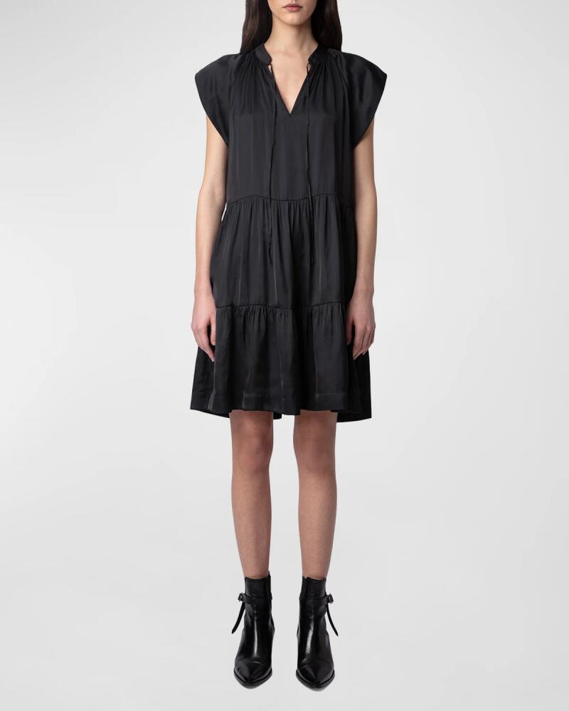 Zadig & Voltaire Rito Satin Self-Tie High Neck Tiered Mini Dress Cover