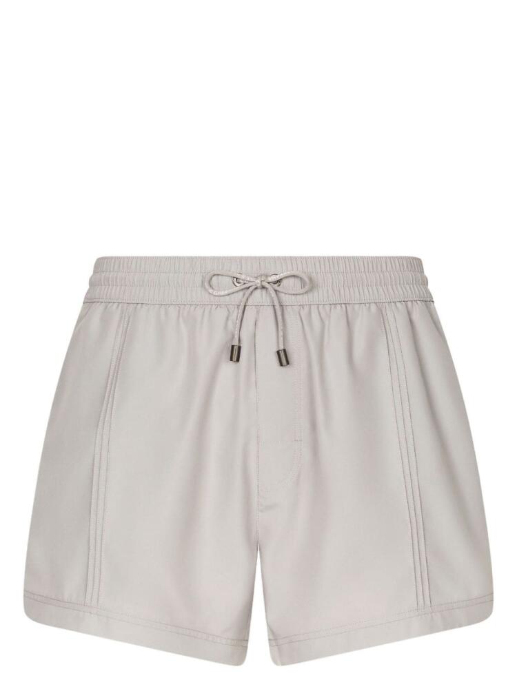 Dolce & Gabbana logo-drawstring faux-leather swim shorts - Grey Cover