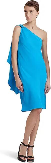 LAUREN Ralph Lauren Georgette One-Shoulder Cocktail Dress (Blaze Ocean) Women's Clothing Cover