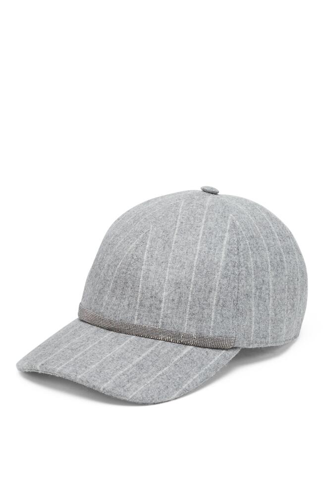 Brunello Cucinelli Chalk stripe virgin wool flannel baseball cap with shiny band in Light Grey Cover