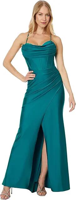 Betsy & Adam Long Sateen Corset Lace Back (Teal) Women's Dress Cover