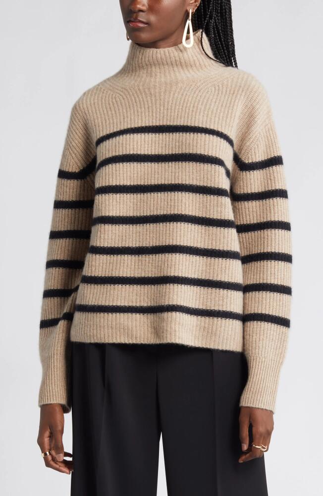 Nordstrom Stripe Cashmere Mock Neck Sweater in Tan Camel- Black Stripe Cover