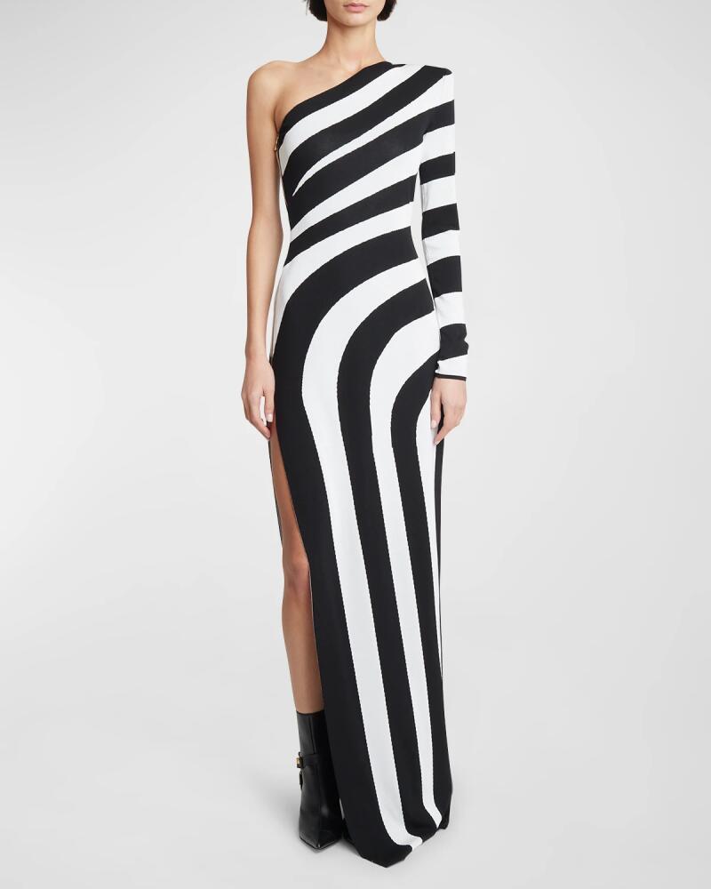 Balmain One-Shoulder Striped Knit Gown with Slit Cover