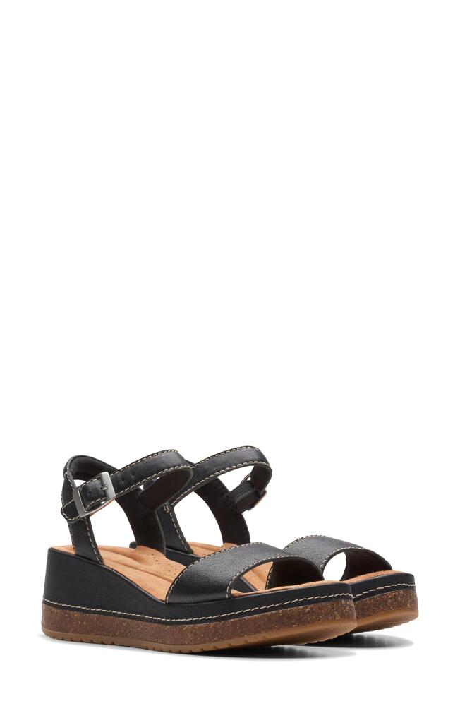 Clarks(r) Kassanda Lily Wedge Sandal in Black Leather Cover