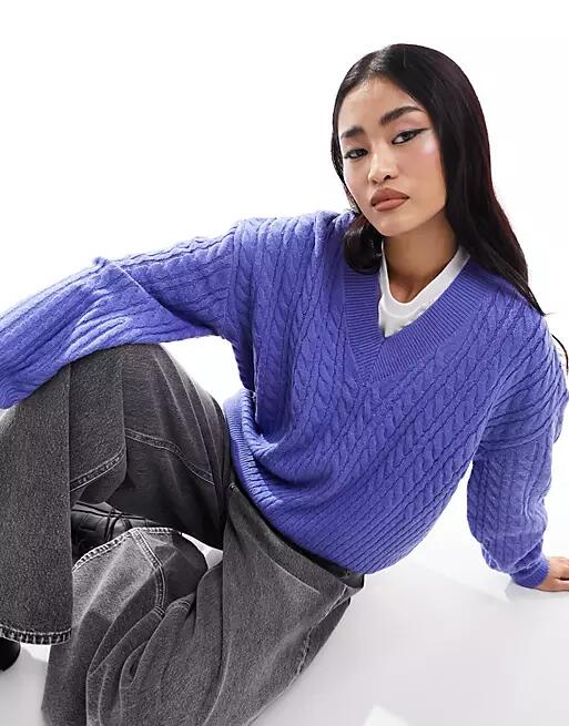 French Connection cable knit v neck sweater in purple Cover