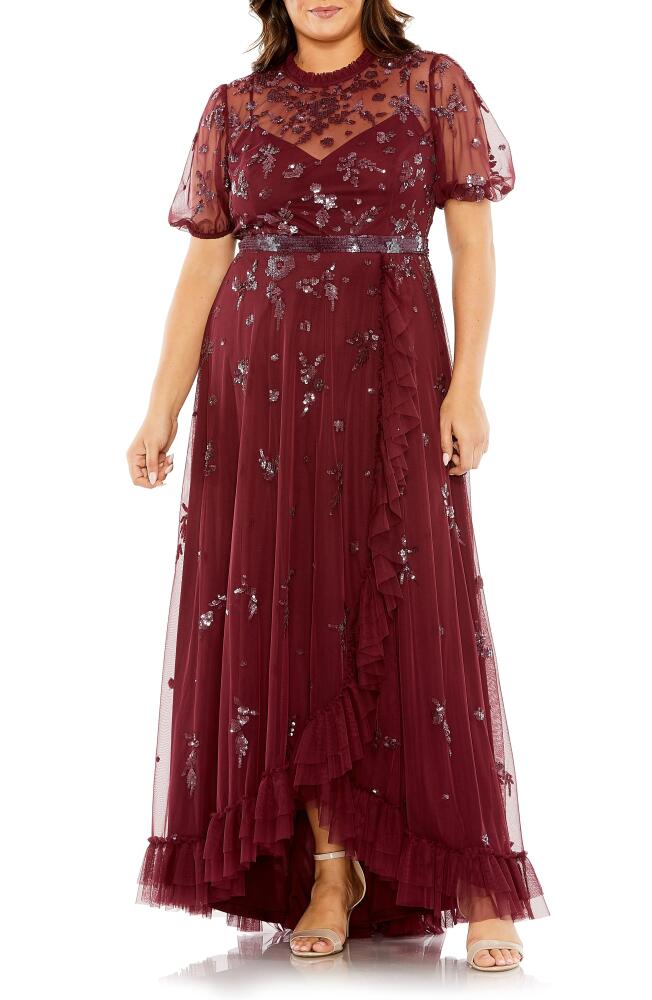 FABULOUSS BY MAC DUGGAL Beaded Floral Short Sleeve Gown in Bordeaux Cover